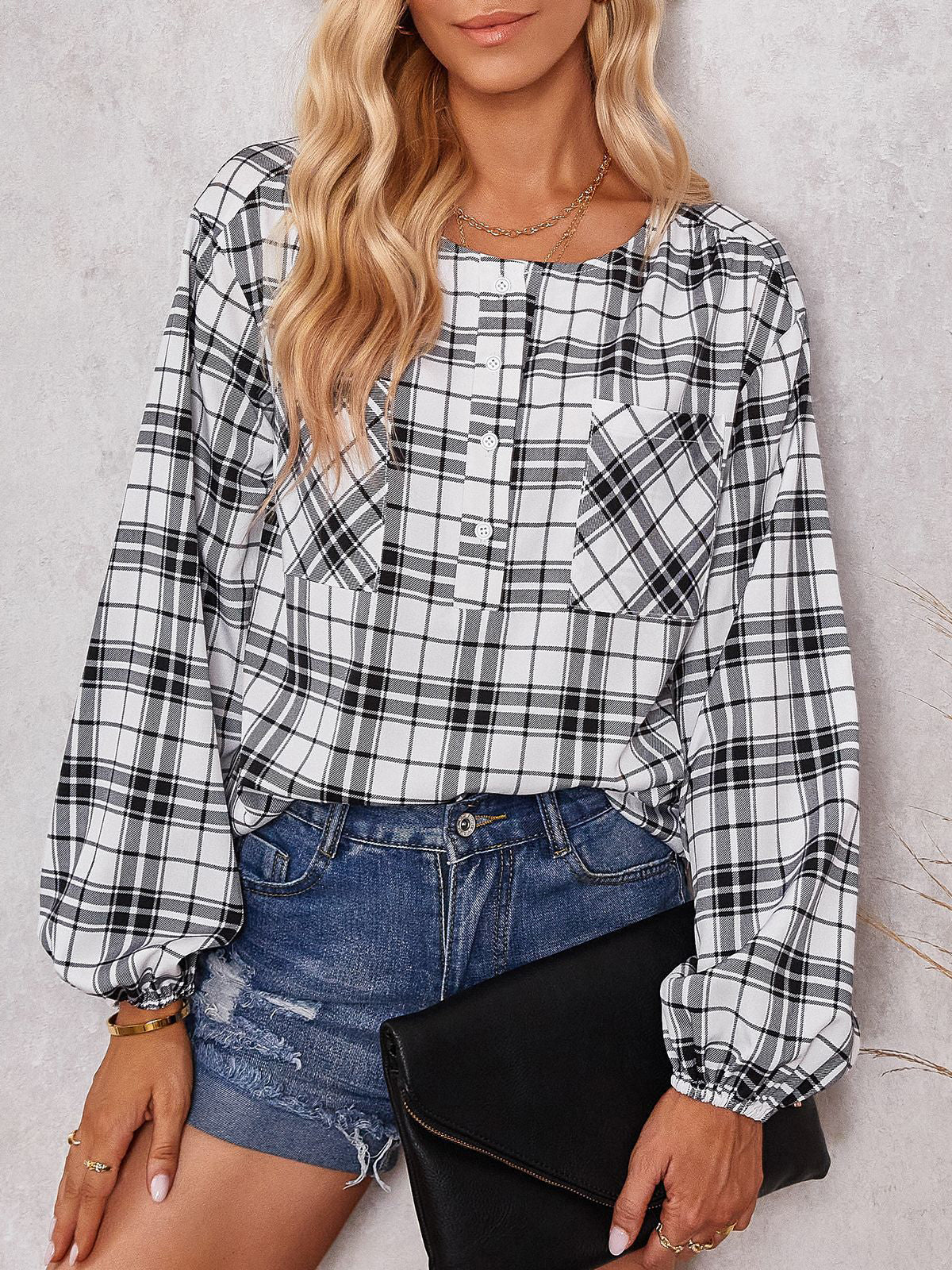 Woochic chemisier carreaux avec poches boutonnage col rond casual femme blouse
