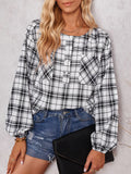 Woochic chemisier carreaux avec poches boutonnage col rond casual femme blouse