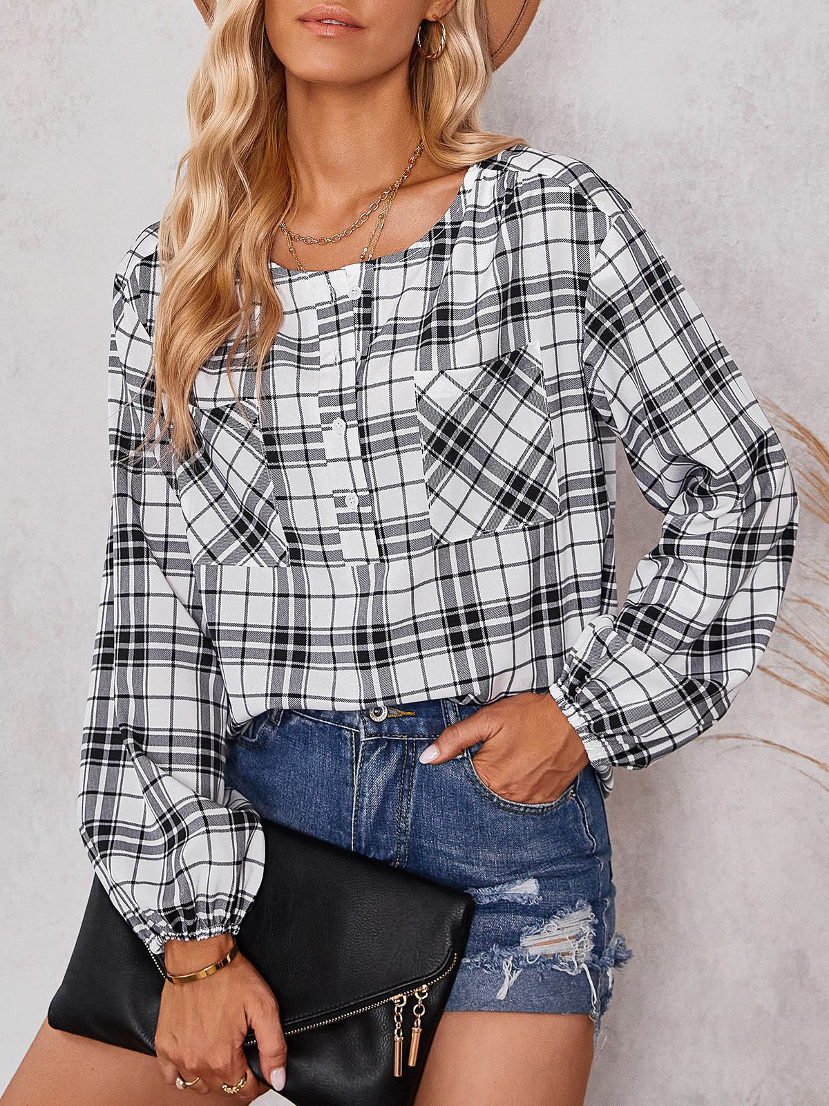Woochic chemisier carreaux avec poches boutonnage col rond casual femme blouse Blanche S