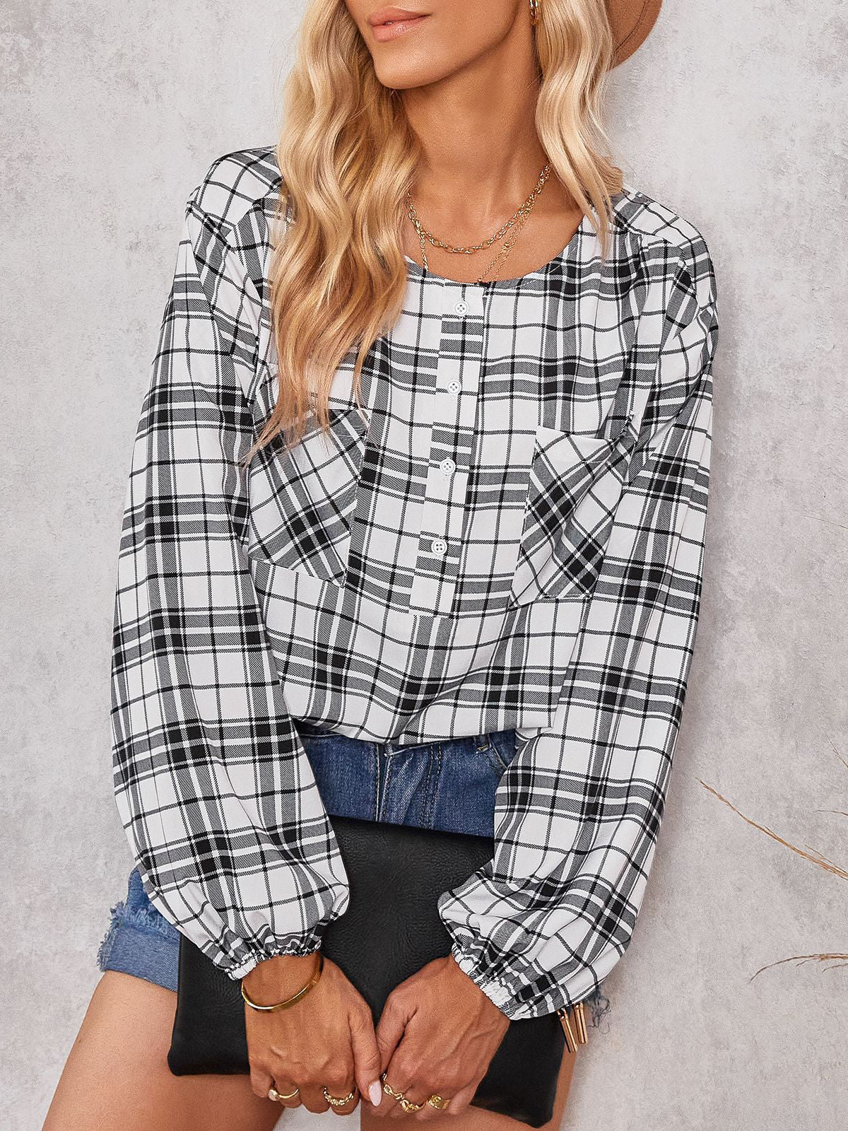 Woochic chemisier carreaux avec poches boutonnage col rond casual femme blouse