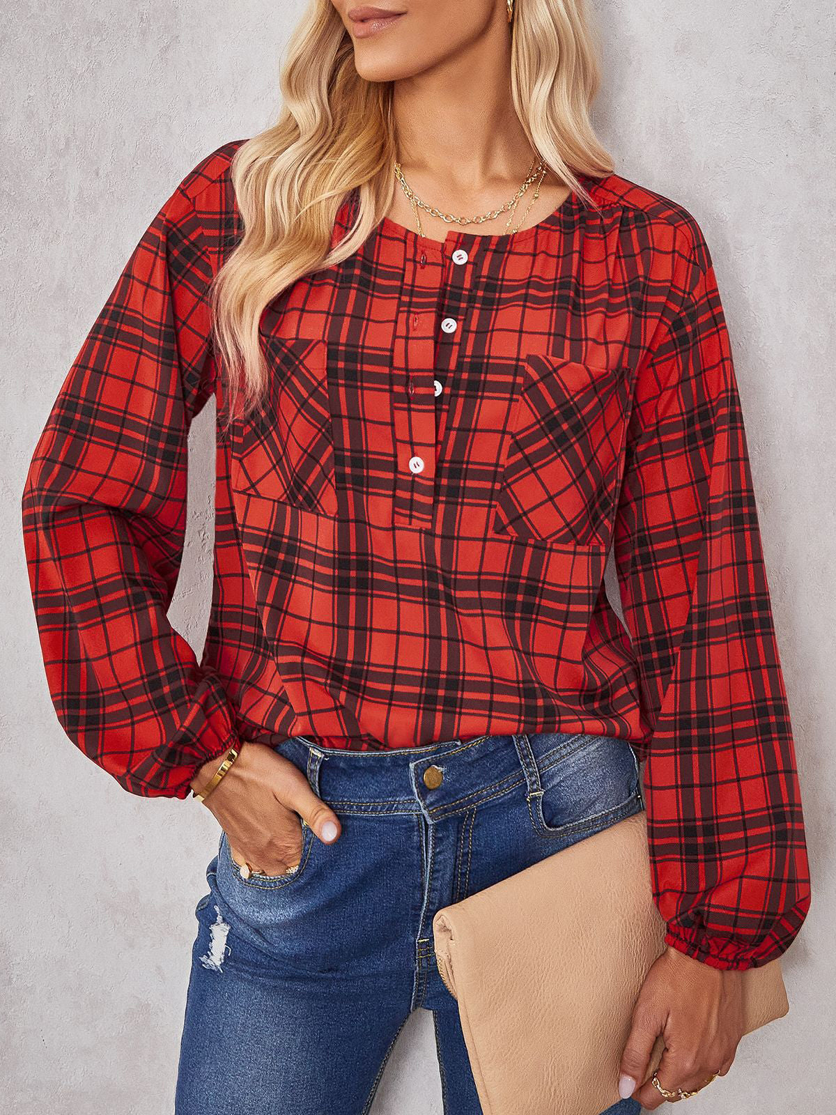 Woochic chemisier carreaux avec poches boutonnage col rond casual femme blouse Rouge S