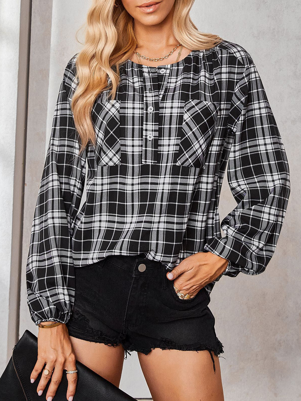 Woochic chemisier carreaux avec poches boutonnage col rond casual femme blouse Noir S
