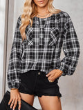 Woochic chemisier carreaux avec poches boutonnage col rond casual femme blouse Noir S
