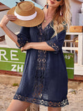 Woochic chemisier cover up dentelle ample manches au coude femme décontracté Navy S