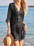 Woochic chemisier cover up dentelle ample manches au coude femme décontracté Noir S
