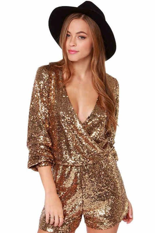 Woochic combinaison col en V à sequins taille haute doré S