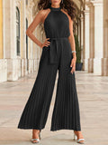Woochic combinaisons plissé larges jambes évasé ceinture licou sans manches femme mode Noir S