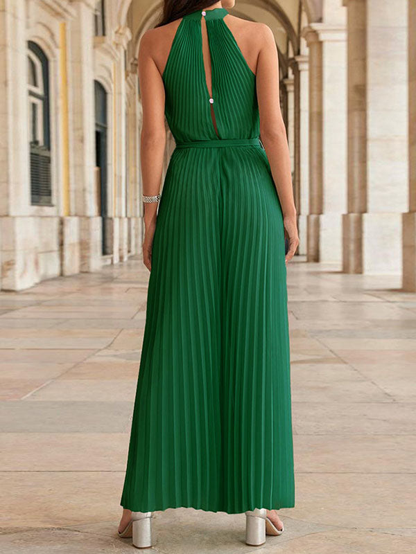 Woochic combinaisons plissé larges jambes évasé ceinture licou sans manches femme mode