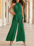 Woochic combinaisons plissé larges jambes évasé ceinture licou sans manches femme mode Vert S