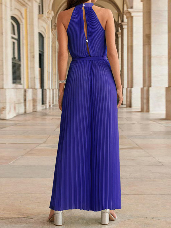 Woochic combinaisons plissé larges jambes évasé ceinture licou sans manches femme mode