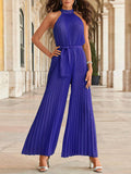 Woochic combinaisons plissé larges jambes évasé ceinture licou sans manches femme mode Violet S