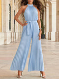 Woochic combinaisons plissé larges jambes évasé ceinture licou sans manches femme mode Bleu clair S