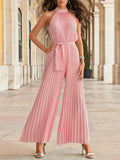 Woochic combinaisons plissé larges jambes évasé ceinture licou sans manches femme mode Rose S