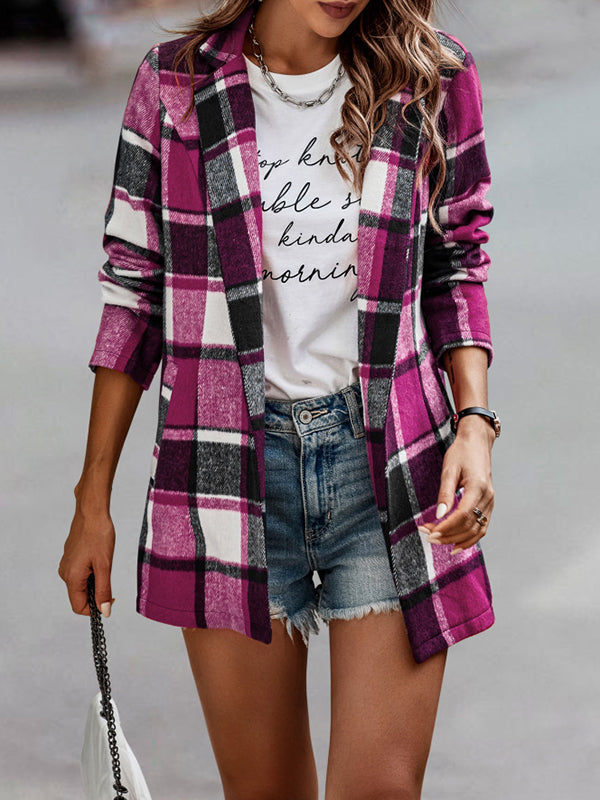 Woochic courte manteau en laine carreaux avec poches femme surchemise casual