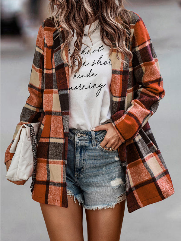 Woochic courte manteau en laine carreaux avec poches femme surchemise casual Orange S