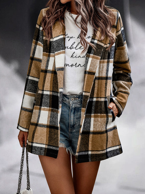 Woochic courte manteau en laine carreaux avec poches femme surchemise casual Khaki S