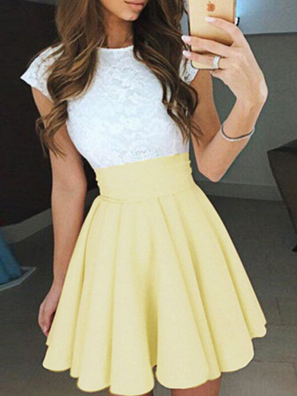 Woochic courte robe dentelle trapèze fluide col rond manches courtes de cocktail Jaune S