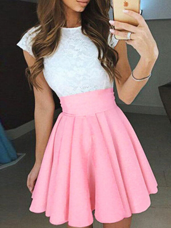 Woochic courte robe dentelle trapèze fluide col rond manches courtes de cocktail Rose S