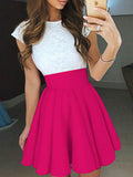 Woochic courte robe dentelle trapèze fluide col rond manches courtes de cocktail Rose framboise S