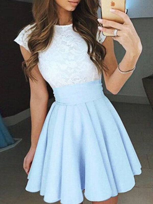 Woochic courte robe dentelle trapèze fluide col rond manches courtes de cocktail Bleu pastel S