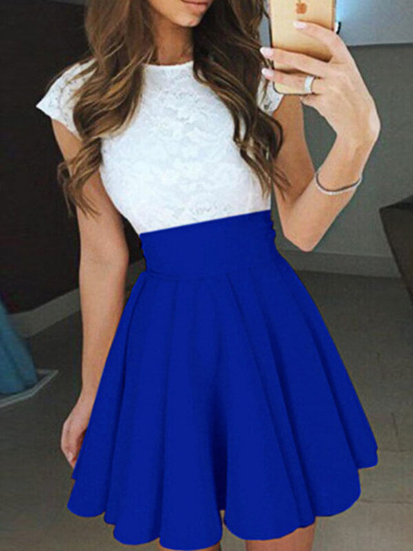 Woochic courte robe dentelle trapèze fluide col rond manches courtes de cocktail Bleu saphir S