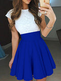 Woochic courte robe dentelle trapèze fluide col rond manches courtes de cocktail Bleu saphir S