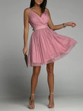 Woochic courte robe tulle brillante paillette avec ceinture trapèze fines bretelles de cocktail