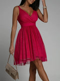 Woochic courte robe tulle brillante paillette avec ceinture trapèze fines bretelles de cocktail