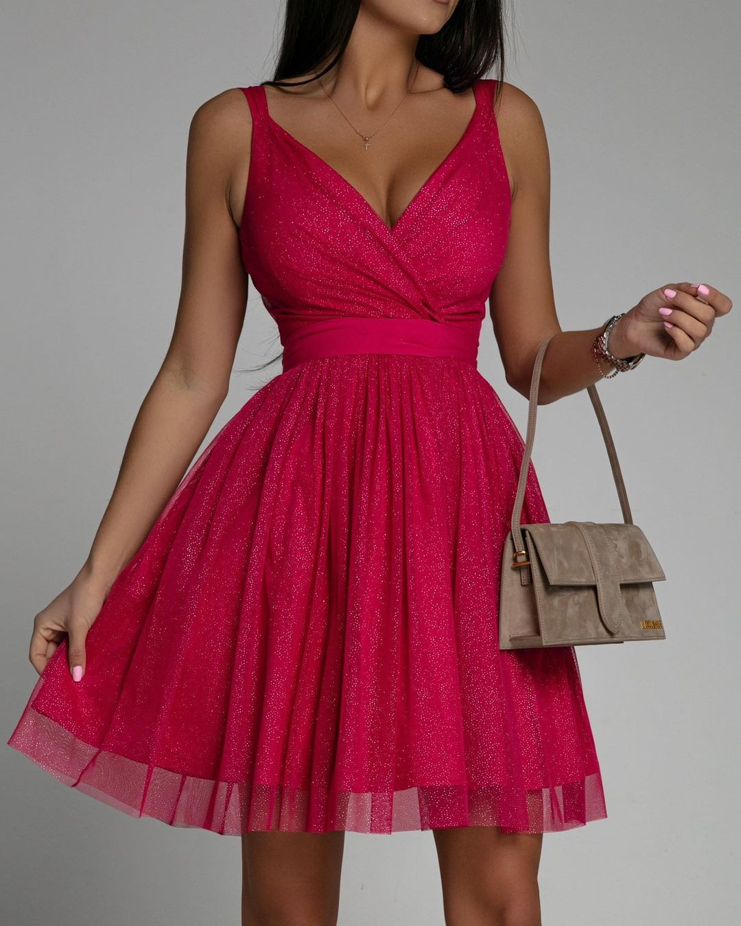 Woochic courte robe tulle brillante paillette avec ceinture trapèze fines bretelles de cocktail Rouge S