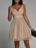 Woochic courte robe tulle brillante paillette avec ceinture trapèze fines bretelles de cocktail
