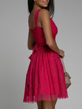 Woochic courte robe tulle brillante paillette avec ceinture trapèze fines bretelles de cocktail