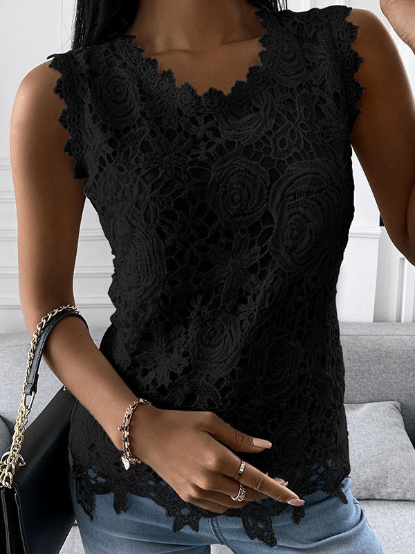 Woochic débardeur dentelle col rond sans manches femme casual Noir S