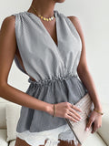 Woochic débardeur rayé à volantée strappy v-cou femme blouse mode Gris XS