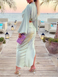 Woochic ensembles deux pièces robe longue fendu le côté plissé v-cou manches longues casual plage