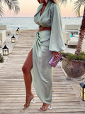 Woochic ensembles deux pièces robe longue fendu le côté plissé v-cou manches longues casual plage