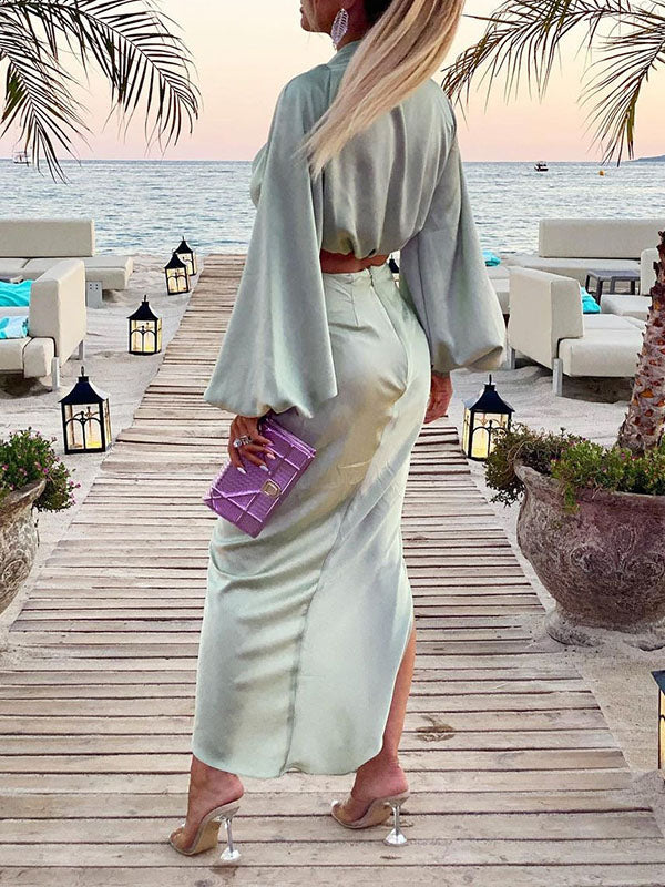 Woochic ensembles deux pièces robe longue fendu le côté plissé v-cou manches longues casual plage