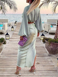 Woochic ensembles deux pièces robe longue fendu le côté plissé v-cou manches longues casual plage