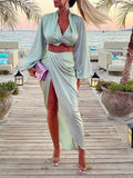 Woochic ensembles deux pièces robe longue fendu le côté plissé v-cou manches longues casual plage
