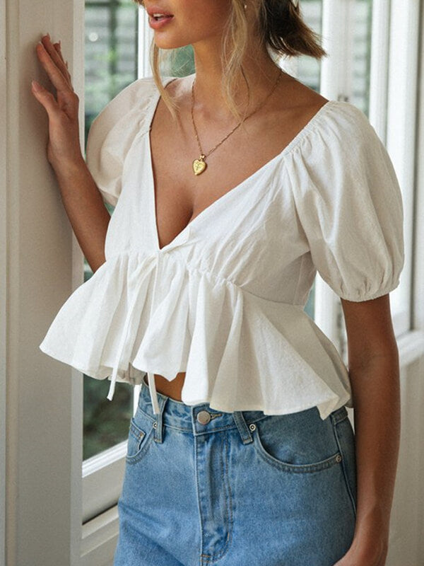 Woochic hauts court à volantée strappy dos nu v-cou femme mode blanche