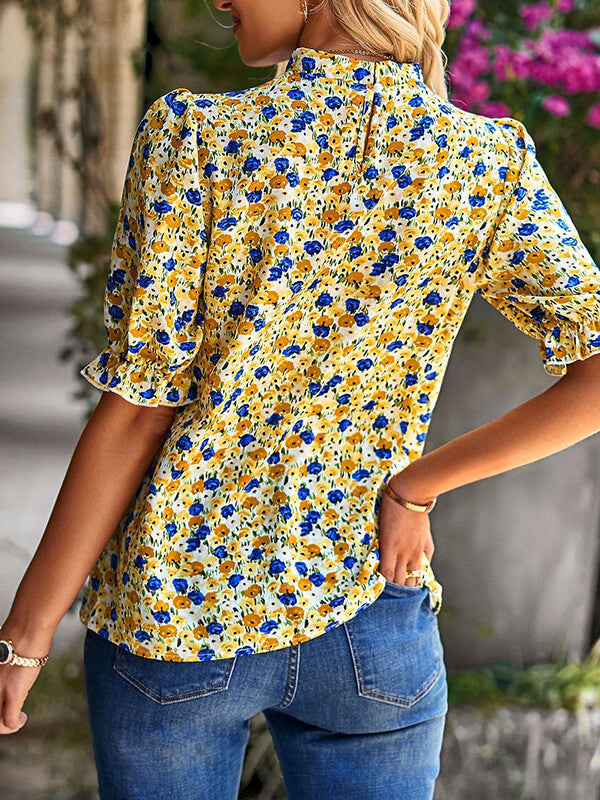 Woochic hauts imprimé à fleurie col rond manches au coude femme mode