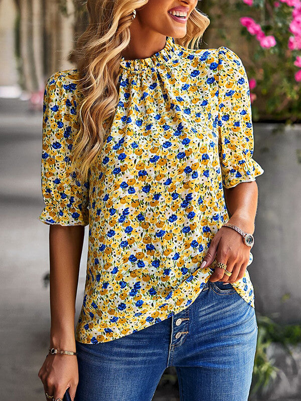 Woochic hauts imprimé à fleurie col rond manches au coude femme mode Jaune S