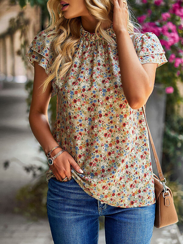 Woochic hauts imprimé à fleurie col rond manches courtes femme mode Khaki S