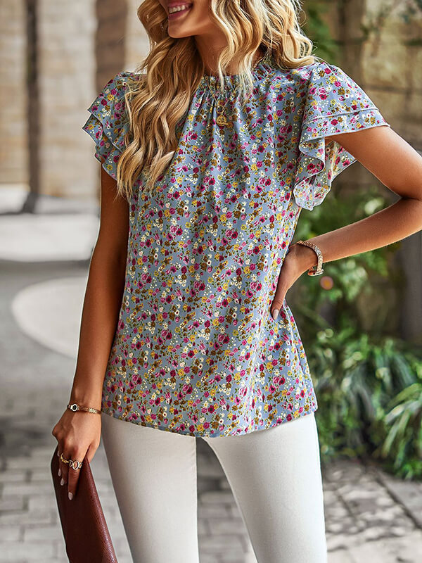 Woochic hauts imprimé à fleurie col rond manches courtes femme mode Gris S