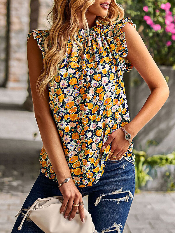 Woochic hauts imprimé à fleurie col rond sans manches femme mode Jaune S