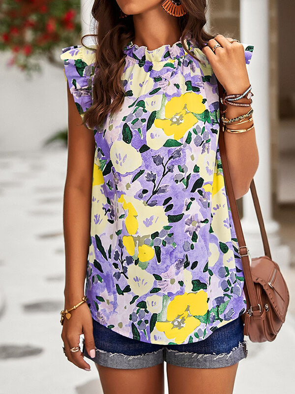 Woochic hauts imprimé à fleurie col rond sans manches femme mode