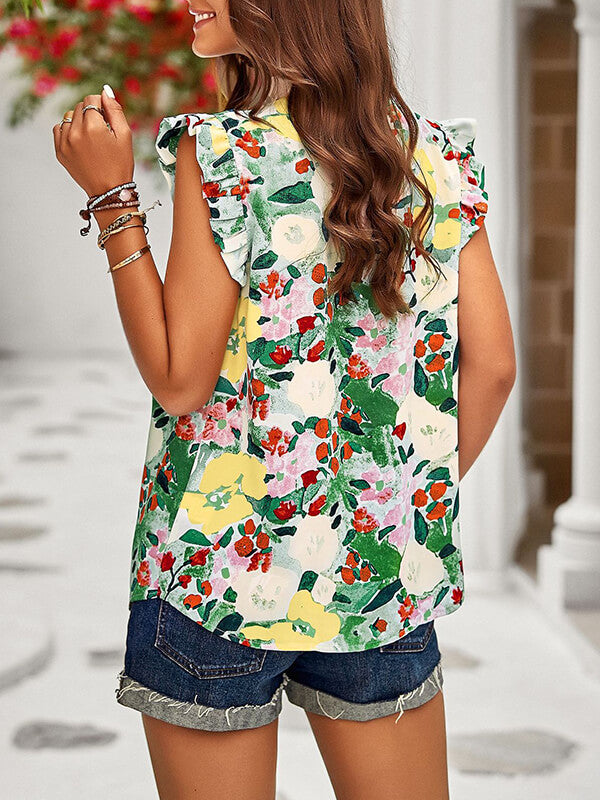 Woochic hauts imprimé à fleurie col rond sans manches femme mode