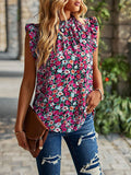 Woochic hauts imprimé à fleurie col rond sans manches femme mode Rouge S