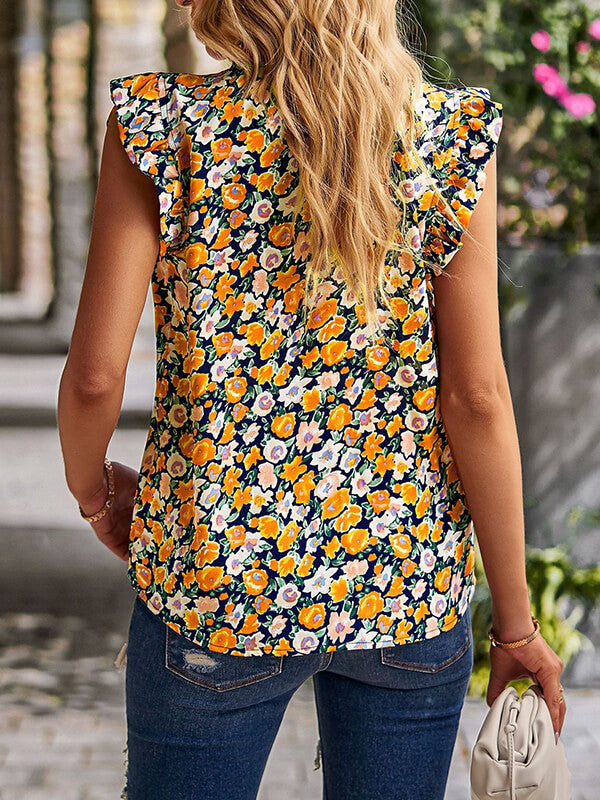 Woochic hauts imprimé à fleurie col rond sans manches femme mode