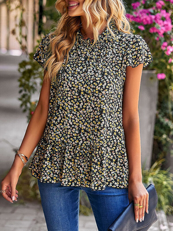 Woochic hauts imprimé à fleurie peplum col rond manches courtes femme mode Noir S