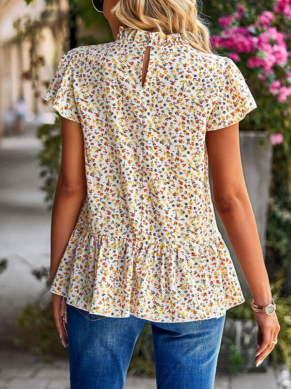 Woochic hauts imprimé à fleurie peplum col rond manches courtes femme mode